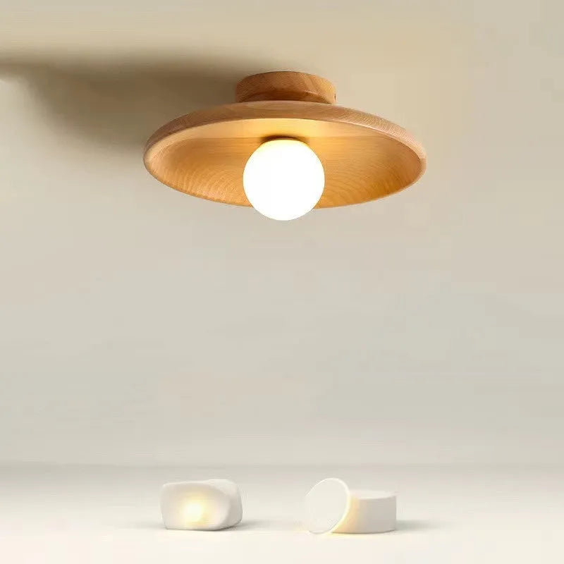 Japanese-style solid wood ceiling lamp in walnut finish with circular shade, 28cm diameter, mounted on ceiling