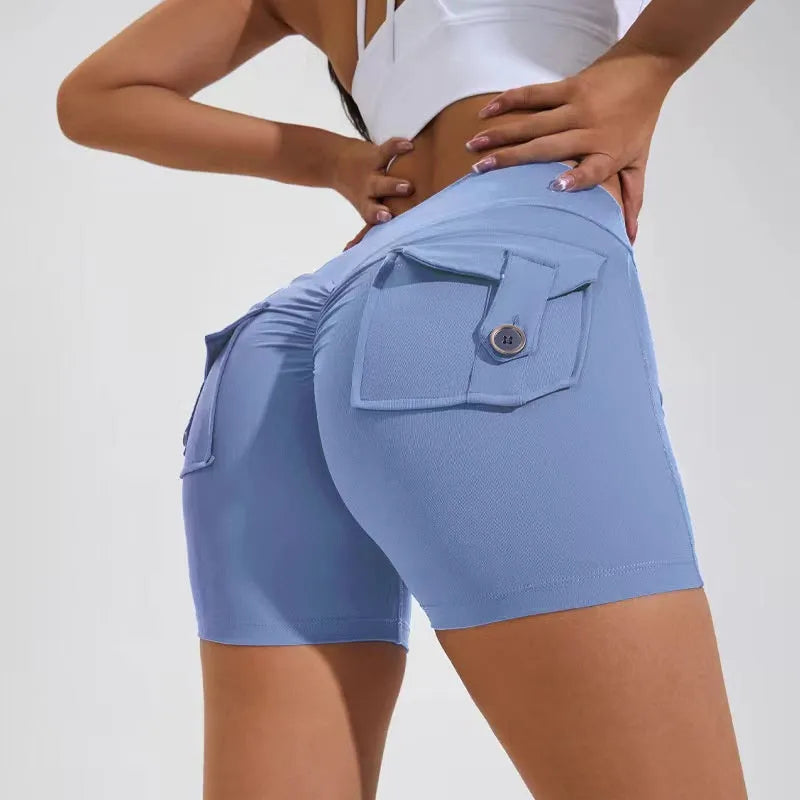 Women's high waist hip lifting shorts with side pockets in quick-dry nylon fabric