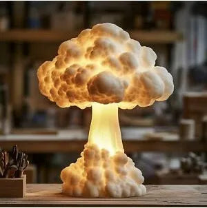 Atomic Bomb mushroom cloud shaped USB table lamp with modern art decorative design on a table.