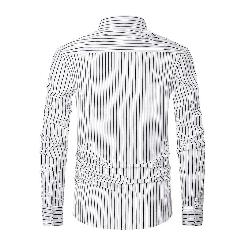 Men's slim fit striped long sleeve business shirt in ice silk polyester blend fabric