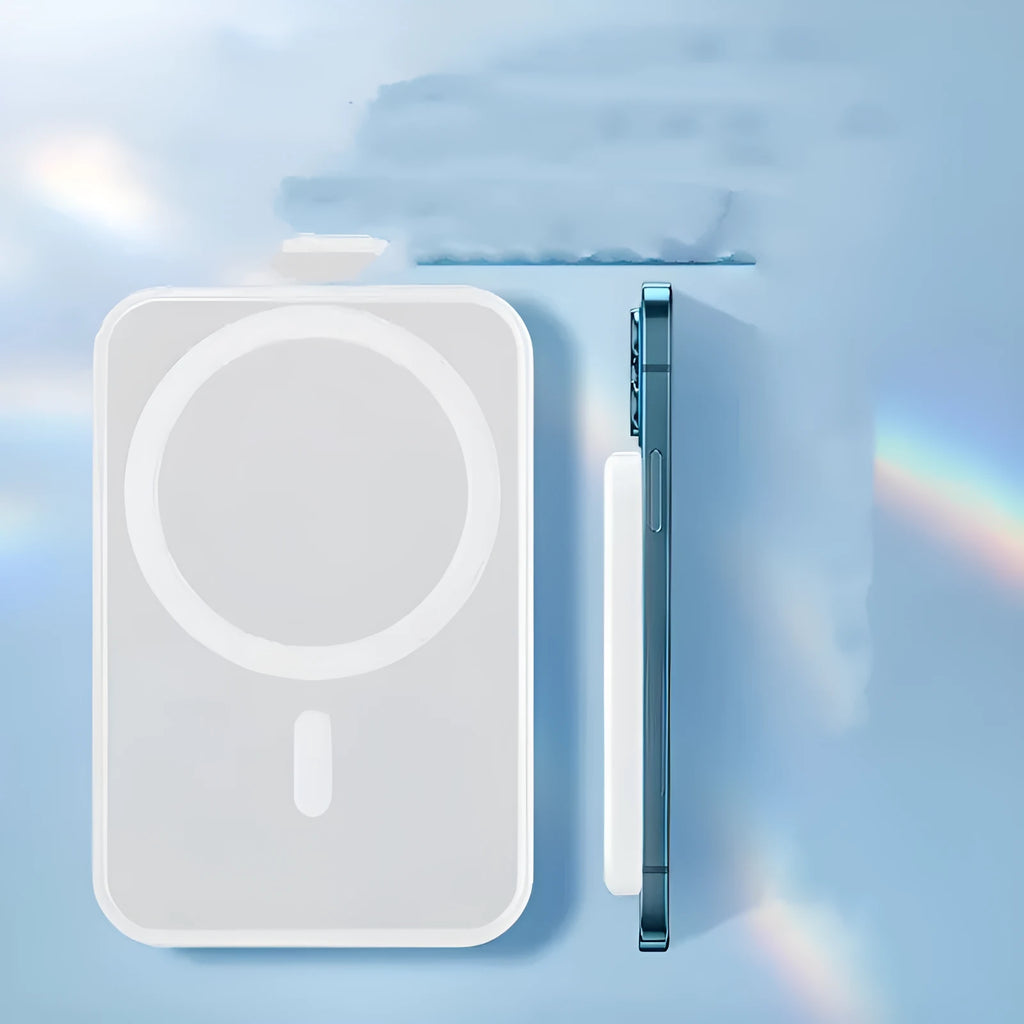Magnetic wireless charging power bank in white with creative foot design showing charging surface