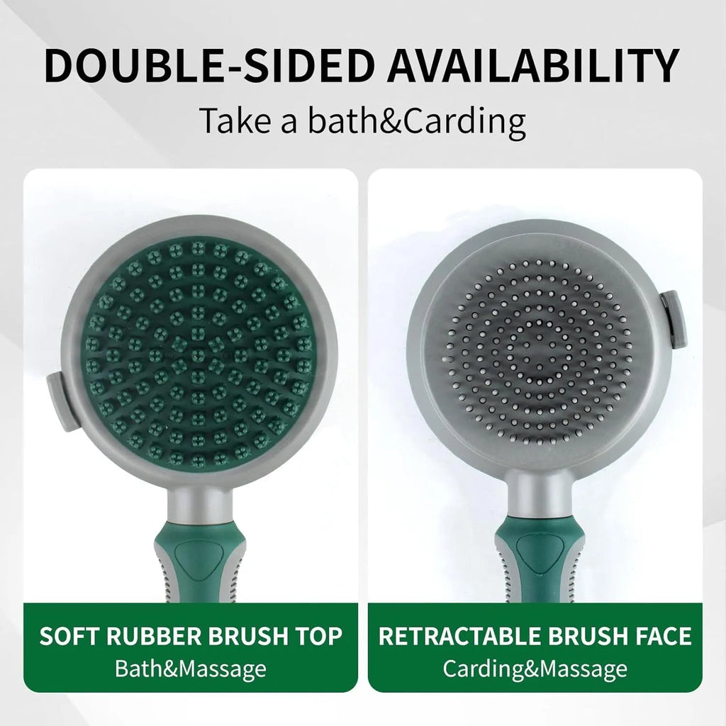 Green and pink dual-sided pet grooming brush showing slicker brush and silicone massager sides.
