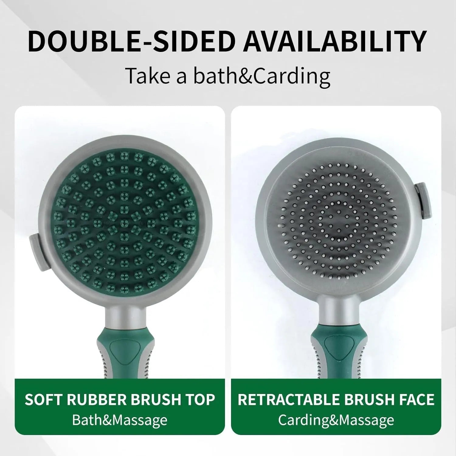 Green and pink dual-sided pet grooming brush showing slicker brush and silicone massager sides.