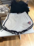 Women's dark blue cotton hot pants with white flag embroidery, shorts length athletic design