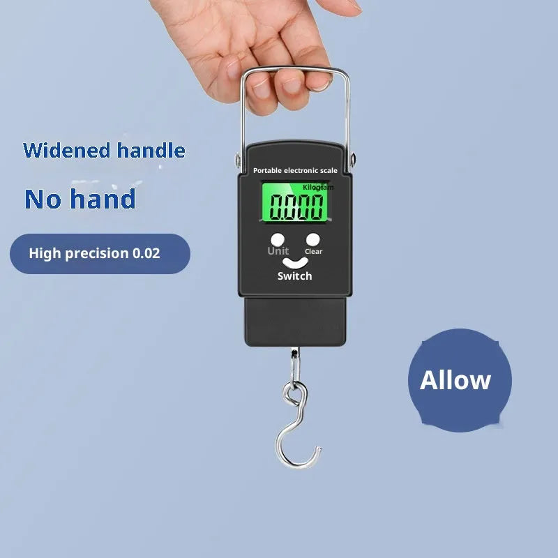 Mini handheld plastic electronic scale with blue backlight display and 50kg capacity, shown in Bohemian style