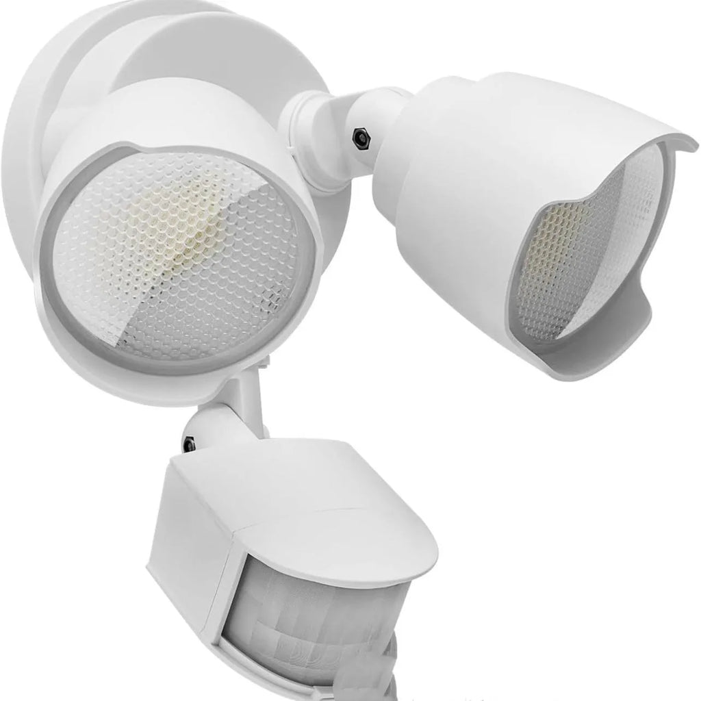 White LED security flood light with PIR motion sensor mounted on an outdoor wall.