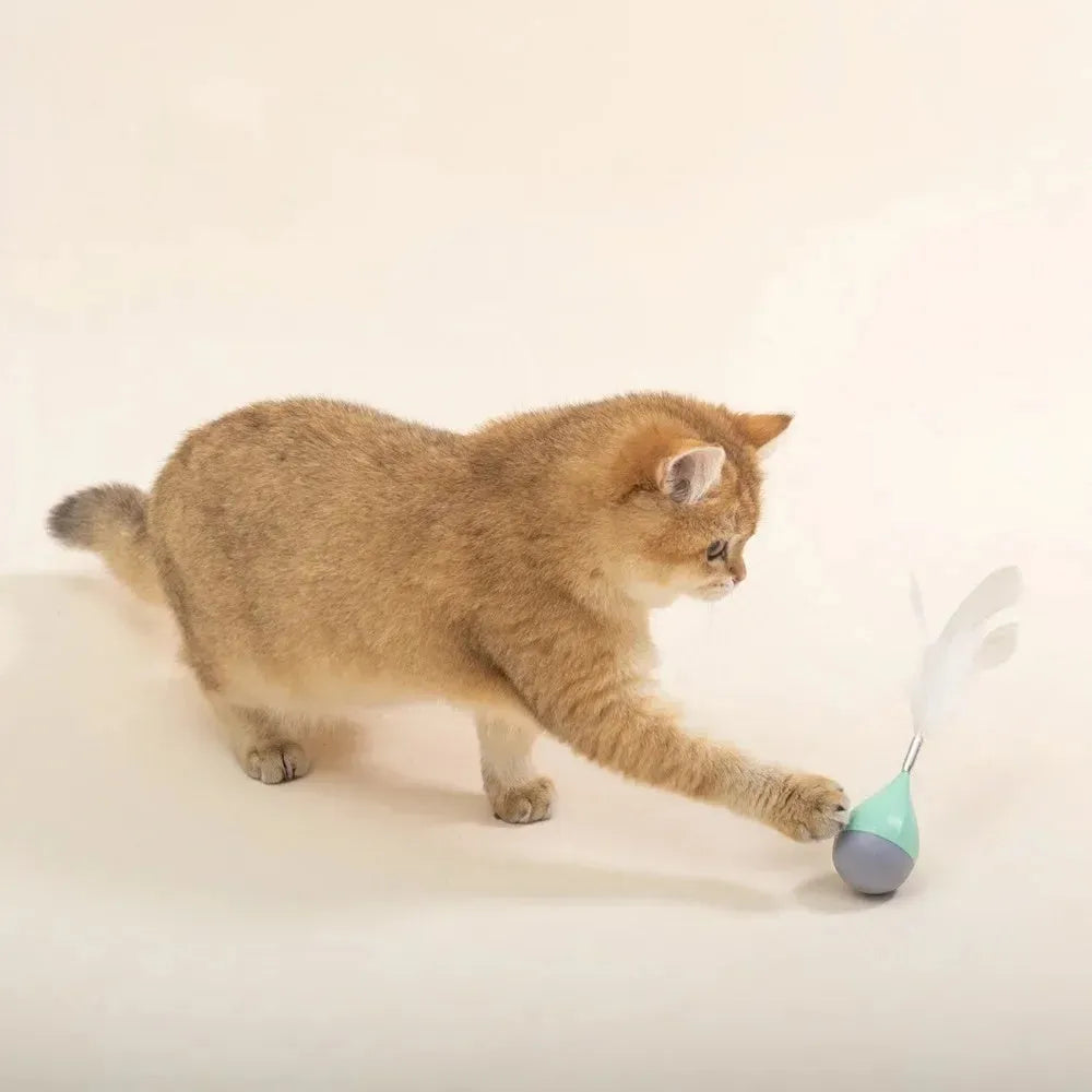 Green feather tumbler cat toy with self-healing stick, bite-resistant ball and goose feather attachments on aluminium shaft