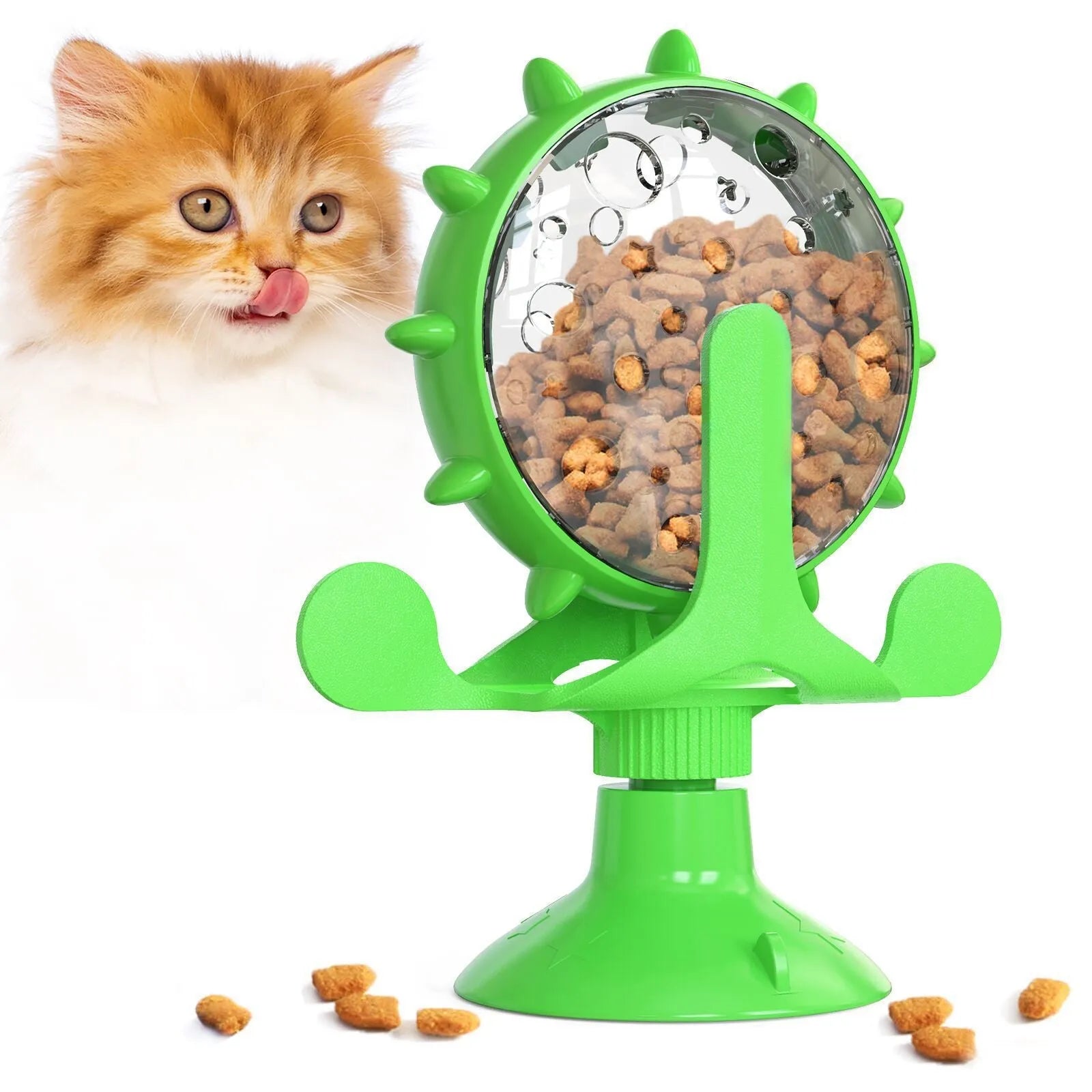 Interactive cat puzzle toy slow feeder with spinner and suction cup base in multiple colours