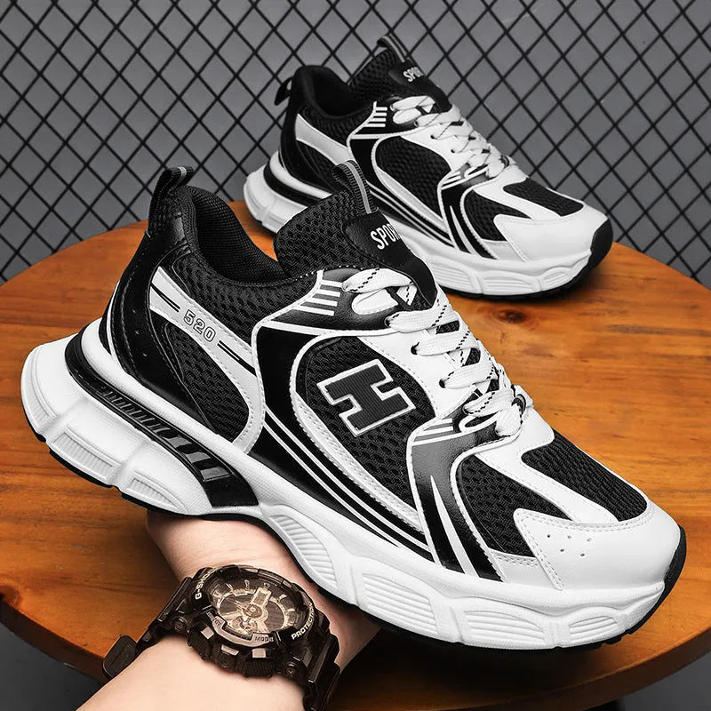 Men's white orange mesh casual running shoes with round toe and plastic sole