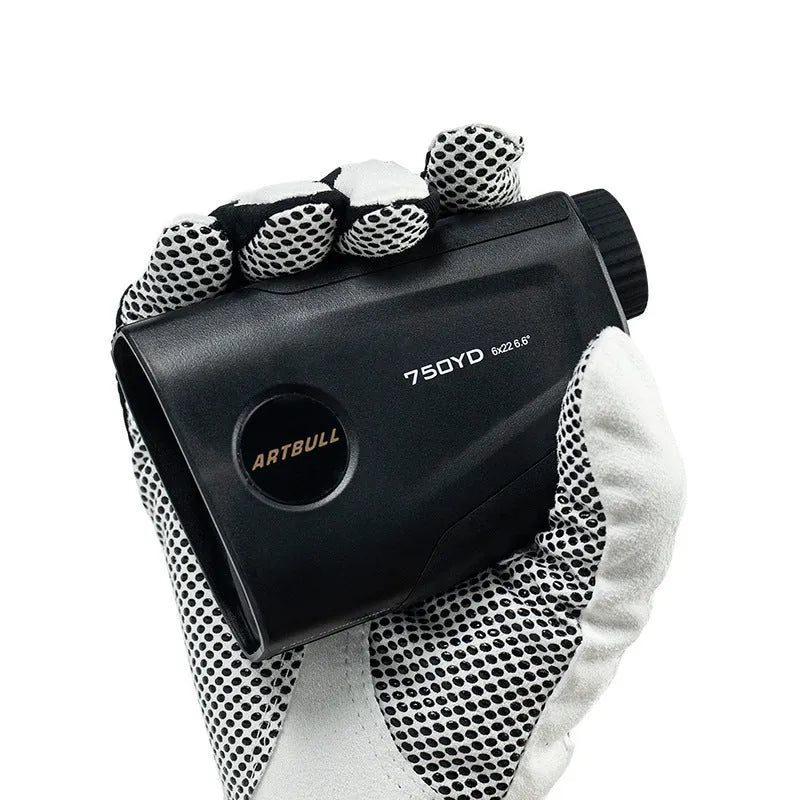 Golf laser rangefinder with slope compensation and USB-C charging showing LCD display with distance measurement