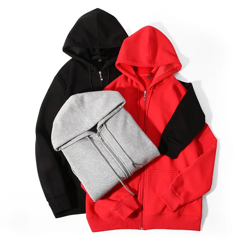 Men's heavyweight zip hooded sweater in charcoal grey showing front kangaroo pockets and adjustable hood