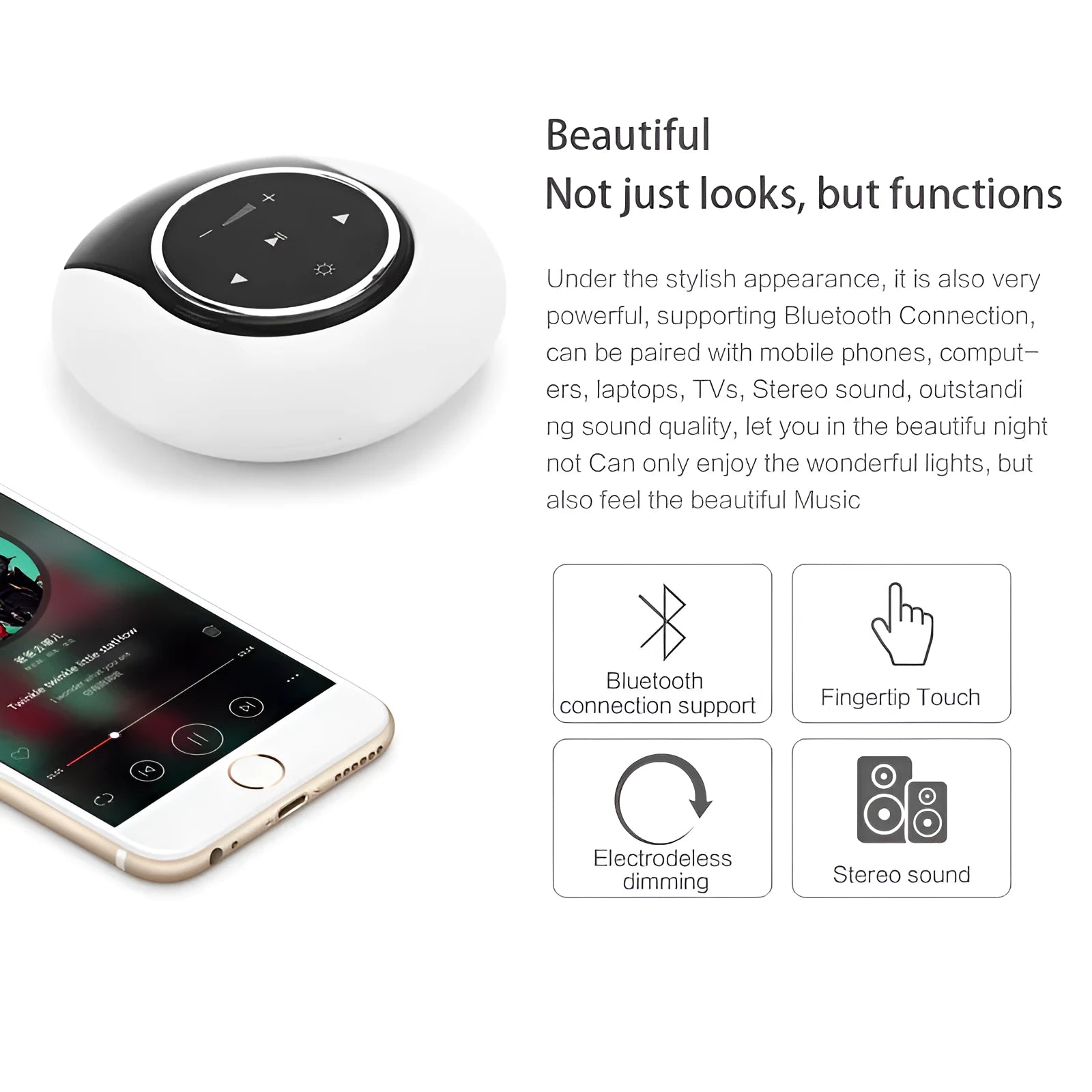 Bluetooth desk lamp with speaker showing folding design, touch controls, and LED lighting in plastic housing