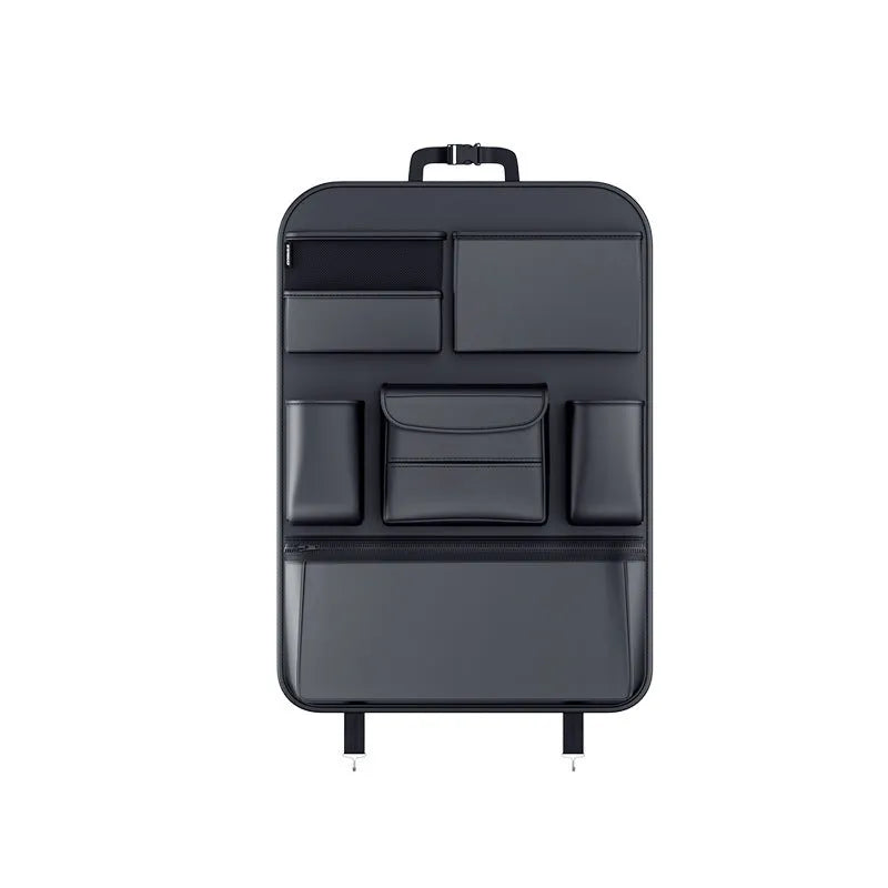 Black leather car seat back storage hanging bag with handle for buggies and strollers