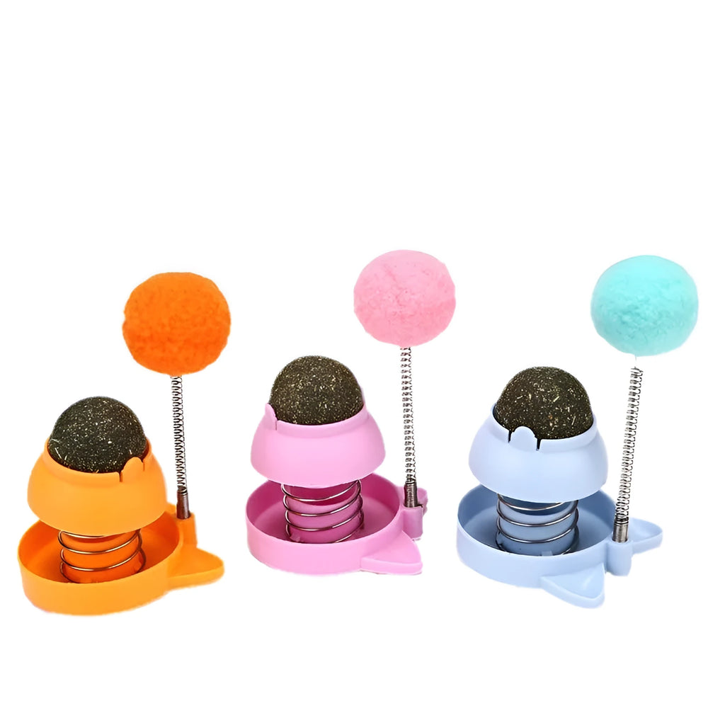 Blue, orange, and pink mint-flavoured cat toy ball with textured surface, 55mm in diameter.