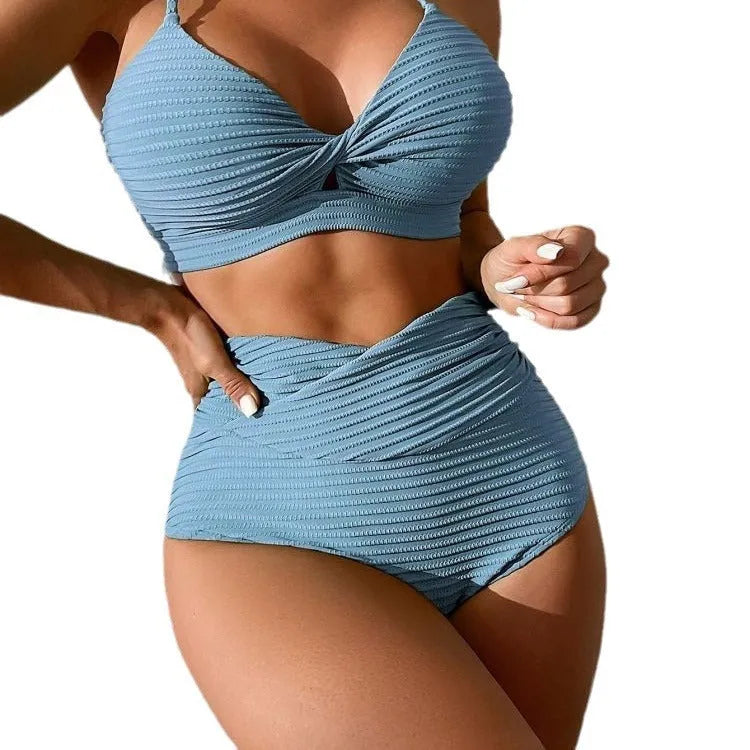 Women's solid colour polyester bikini swimsuit in traditional two-piece design