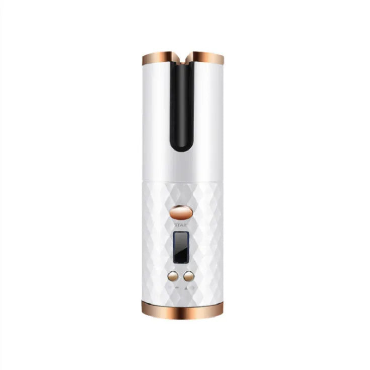 Portable automatic curling iron with USB charging port and gold ceramic barrel in white colour