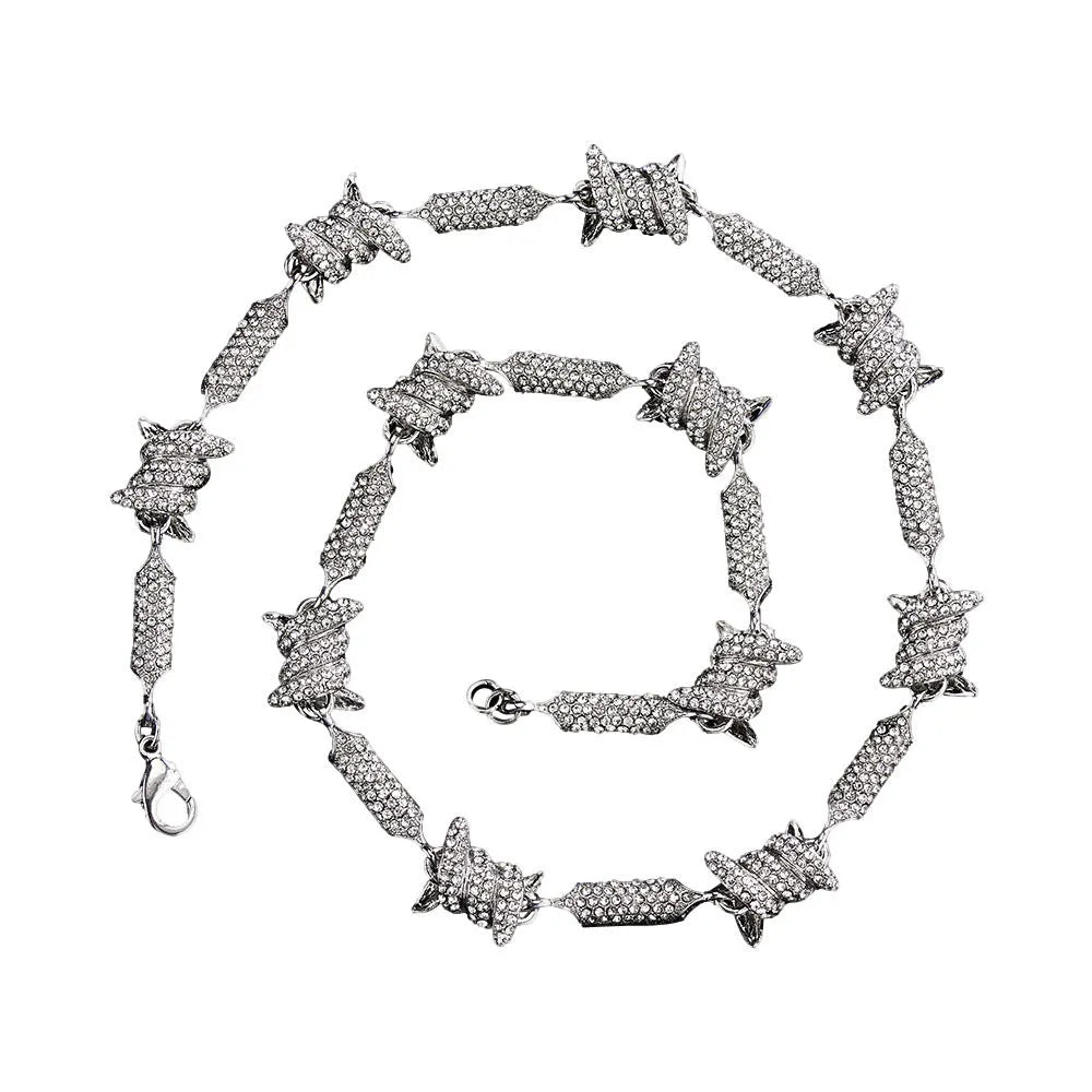 Irregular 3D solid alloy Cuban chain bracelet and necklace in silver and gold, unisex hip hop style, on dark background