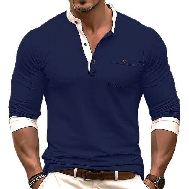 Man wearing a solid colour long sleeve cotton T-shirt in a casual style.