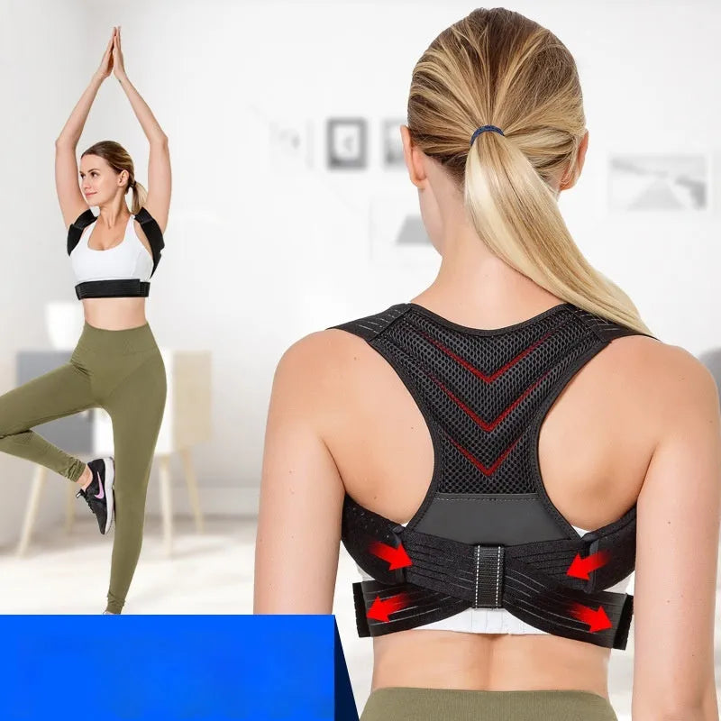 Black adjustable anti-humpback posture correction belt worn for back support.