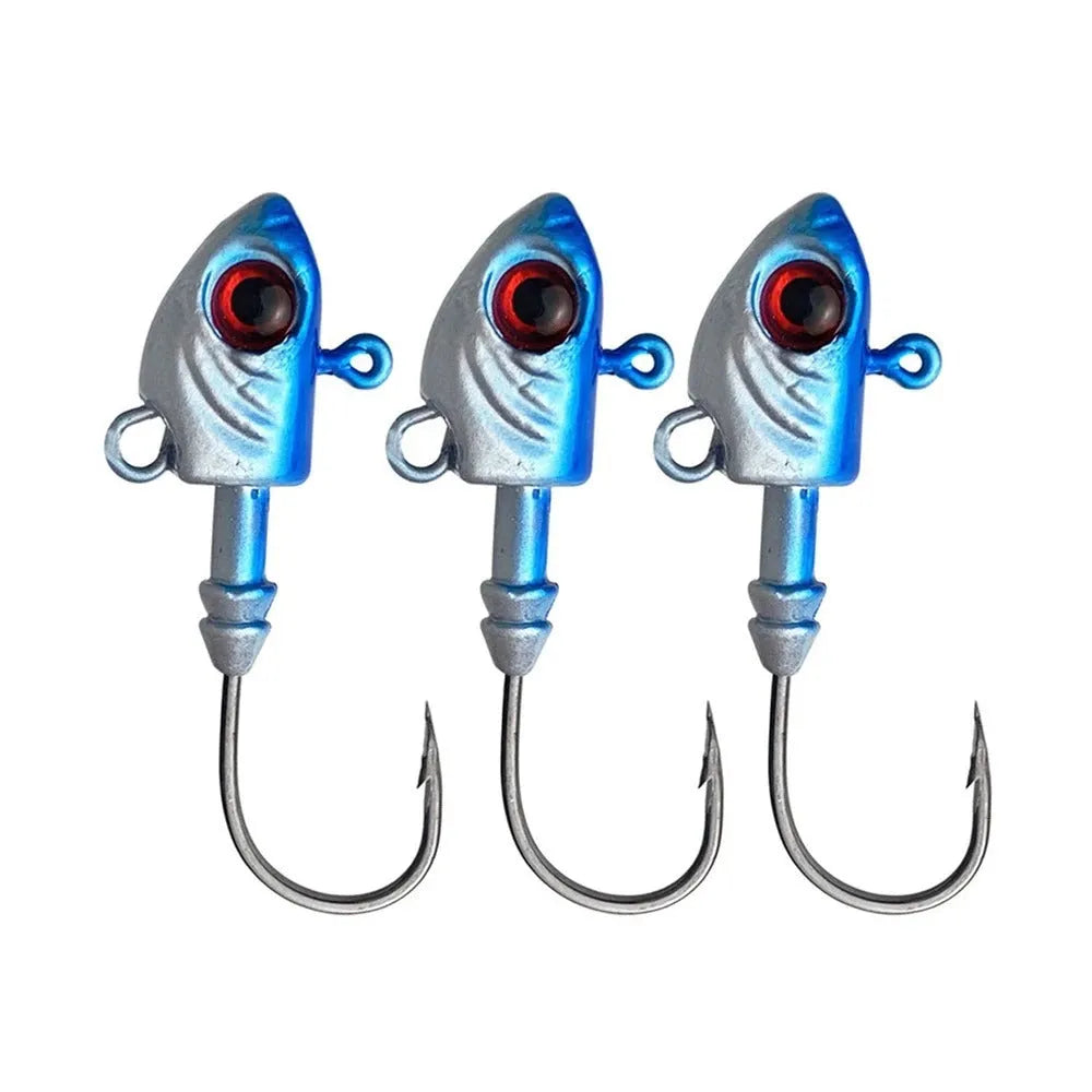 Beizheng Road yayu simulation lead head fishing hooks in blue, silver, yellow colours showing weight options.