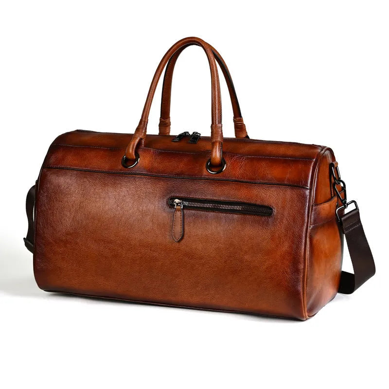 Handmade retro style brown leather shoulder bag with large capacity.