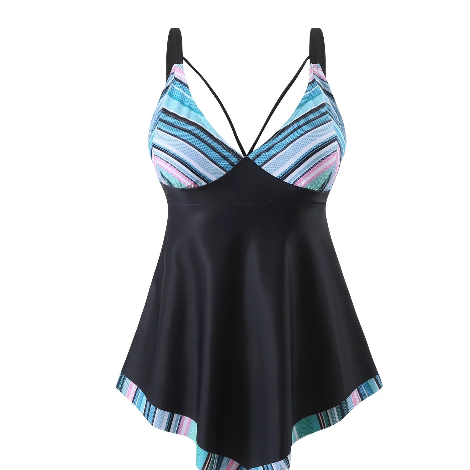 Plus size women's two-piece bikini swimsuit in dark blue, showing backless design.