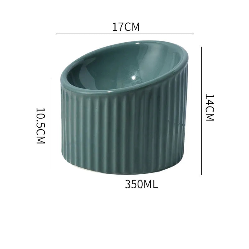 Ceramic elevated cat bowl in green colour with tilted design for anti-vomit feeding