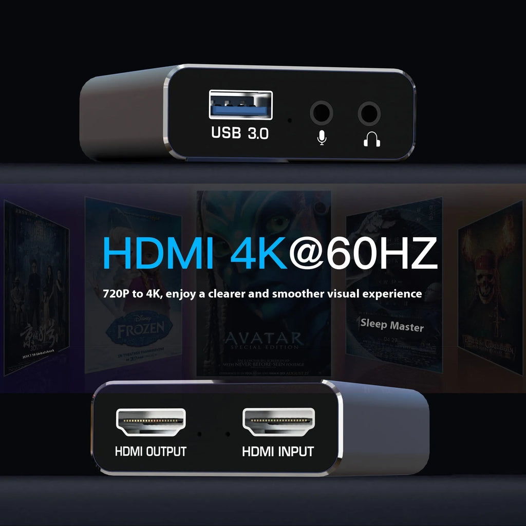 Black 4K gaming set-top box with MS2131 chip for 1080p streaming and audio recording
