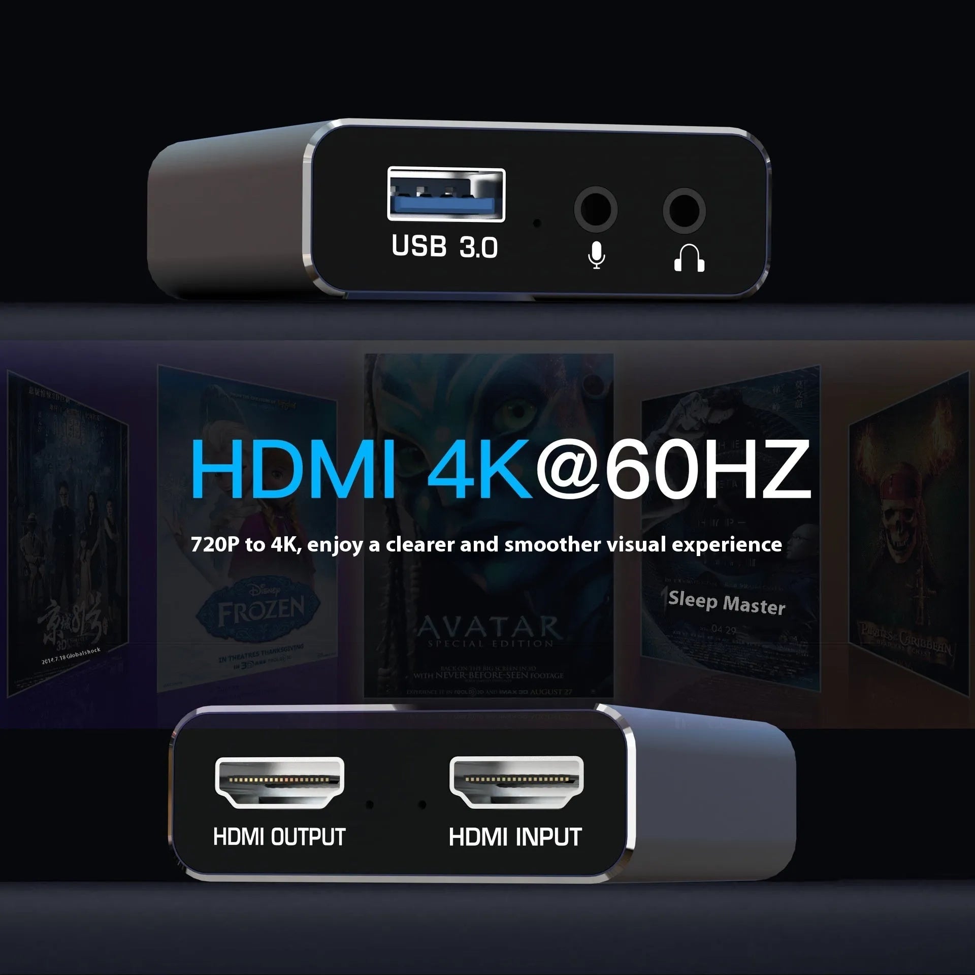Black 4K gaming set-top box with MS2131 chip for 1080p streaming and audio recording