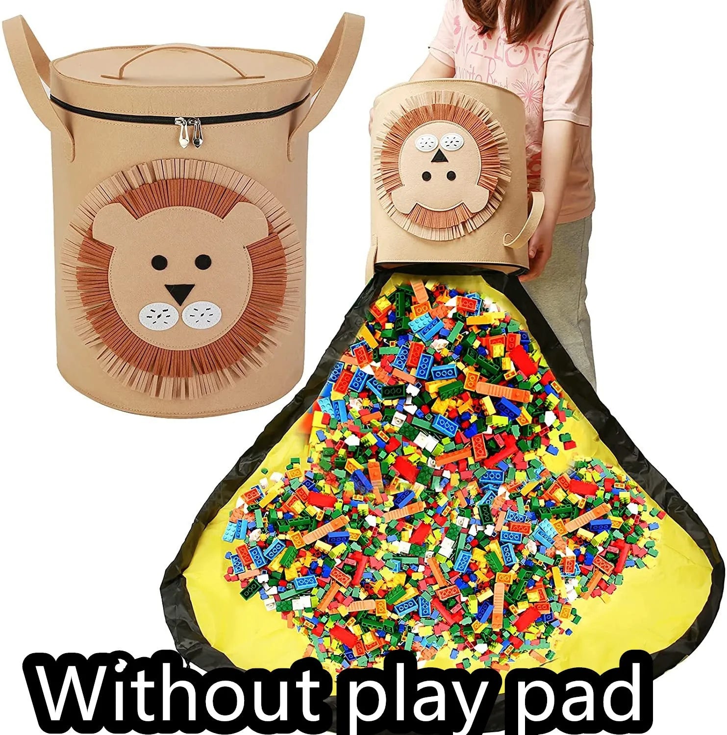 Green felt cube storage bag with pull rope shown as both a toy play mat and closed storage container