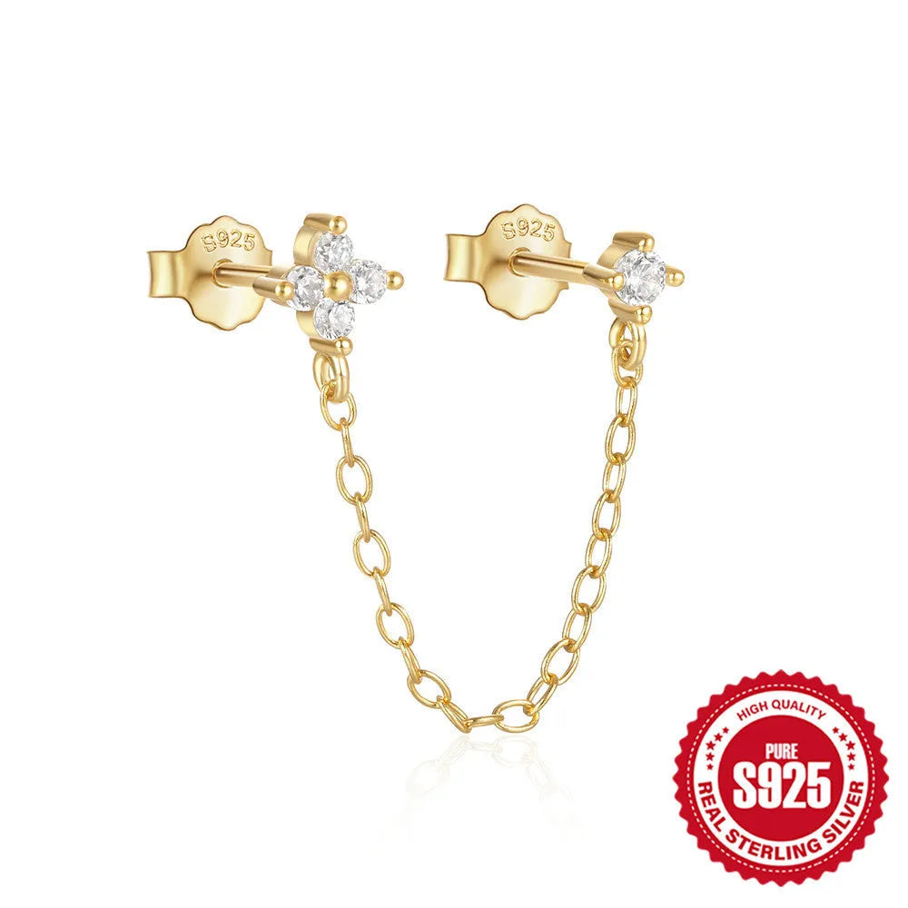 S925 sterling silver geometric ear clip stud earrings with flower, tassel, and chain design in golden electroplated finish.