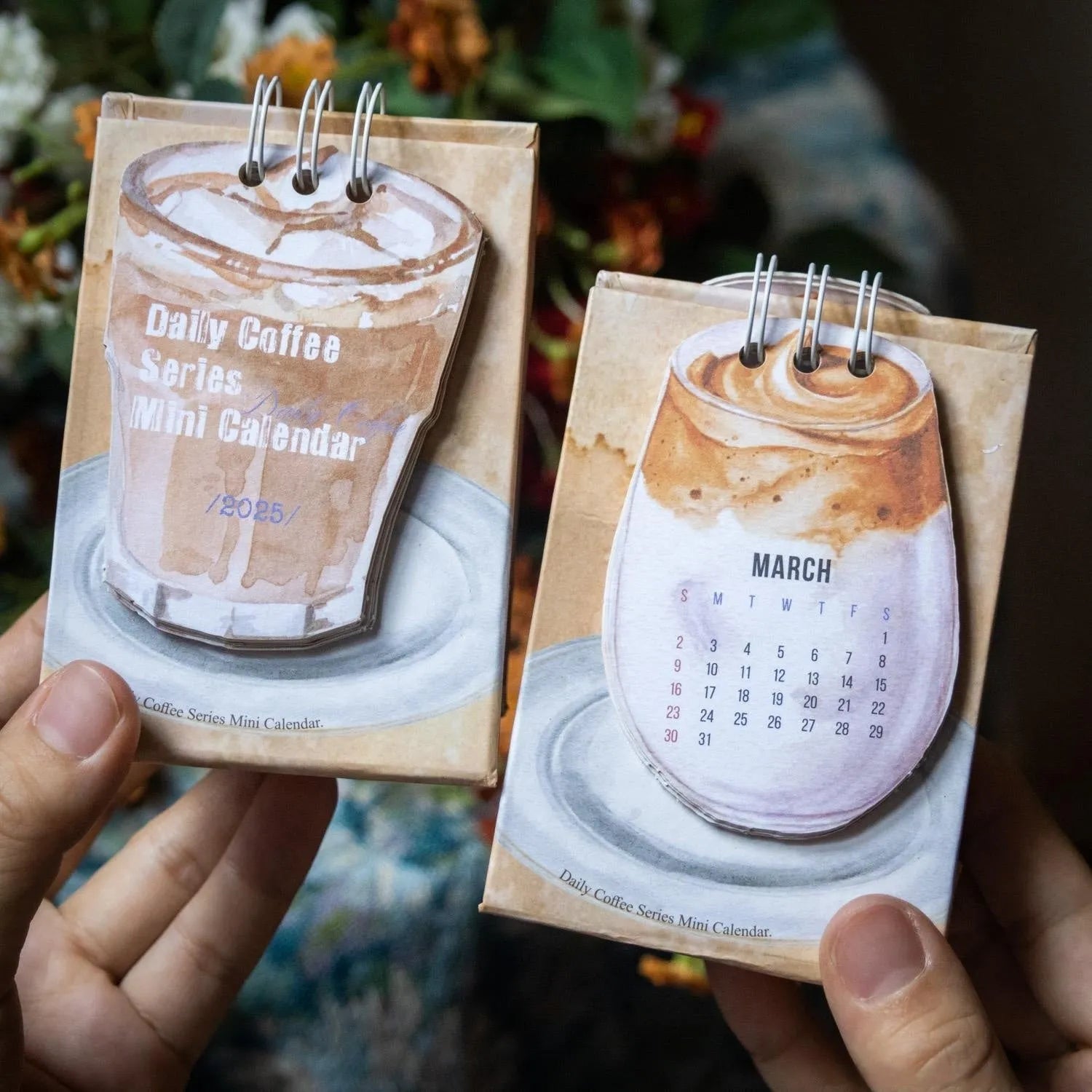 Mini 2025 desk calendar showing four design options including coffee time and motivational phrases