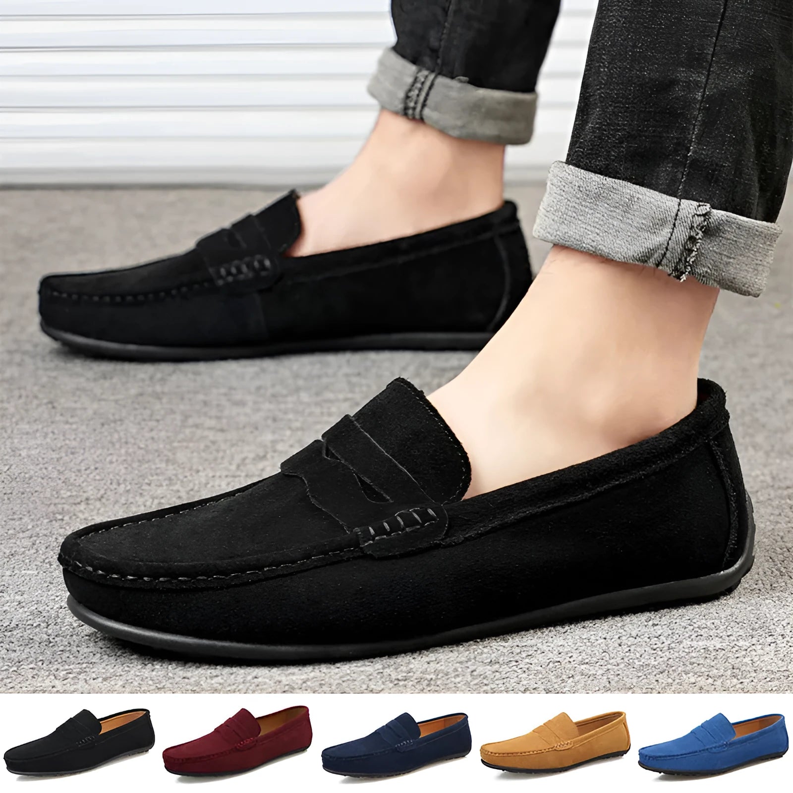 Men's solid colour suede loafers slip-on shoes with round toe and flat rubber sole.