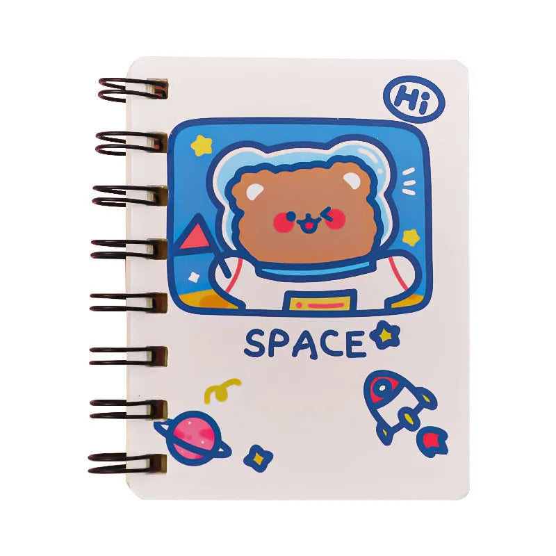 Astronaut-themed portable pocket flipper notebook showing 10.5x8cm size and cover design options