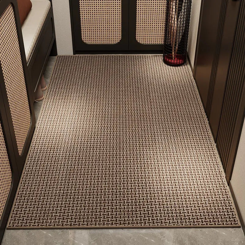 Linen door mat 60x90cm in solid colour with interlacing gray pattern on tiled floor