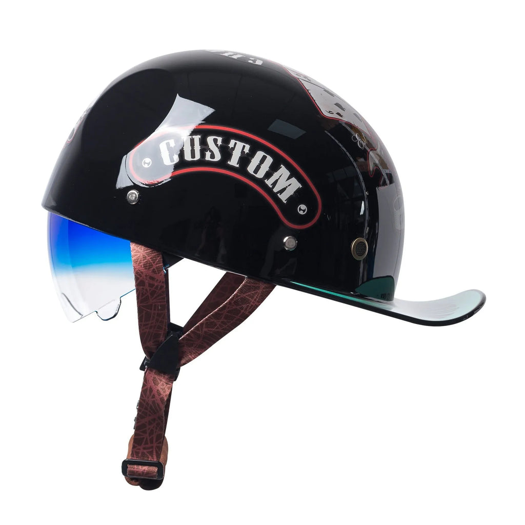 Men's retro half-helmet for electric bicycles in bright black-gradient blue with gradient blue lens