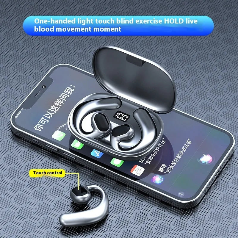 Black or white ear-mounted Bluetooth headset with digital display screen showing operational information