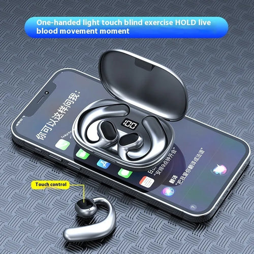 Black or white ear-mounted Bluetooth headset with digital display screen showing operational information