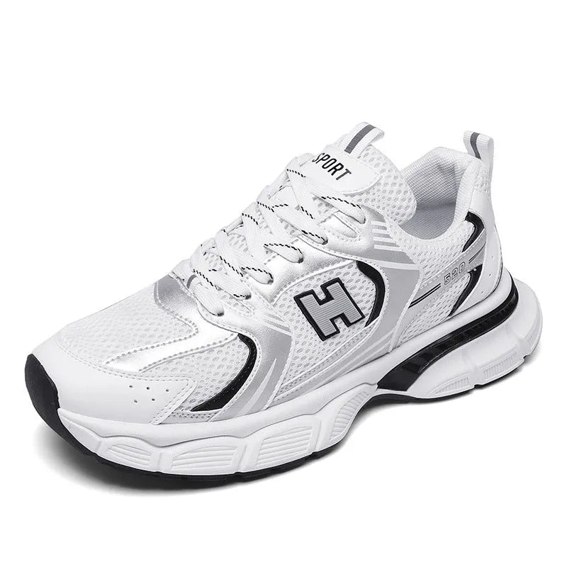 Men's white orange mesh casual running shoes with round toe and plastic sole