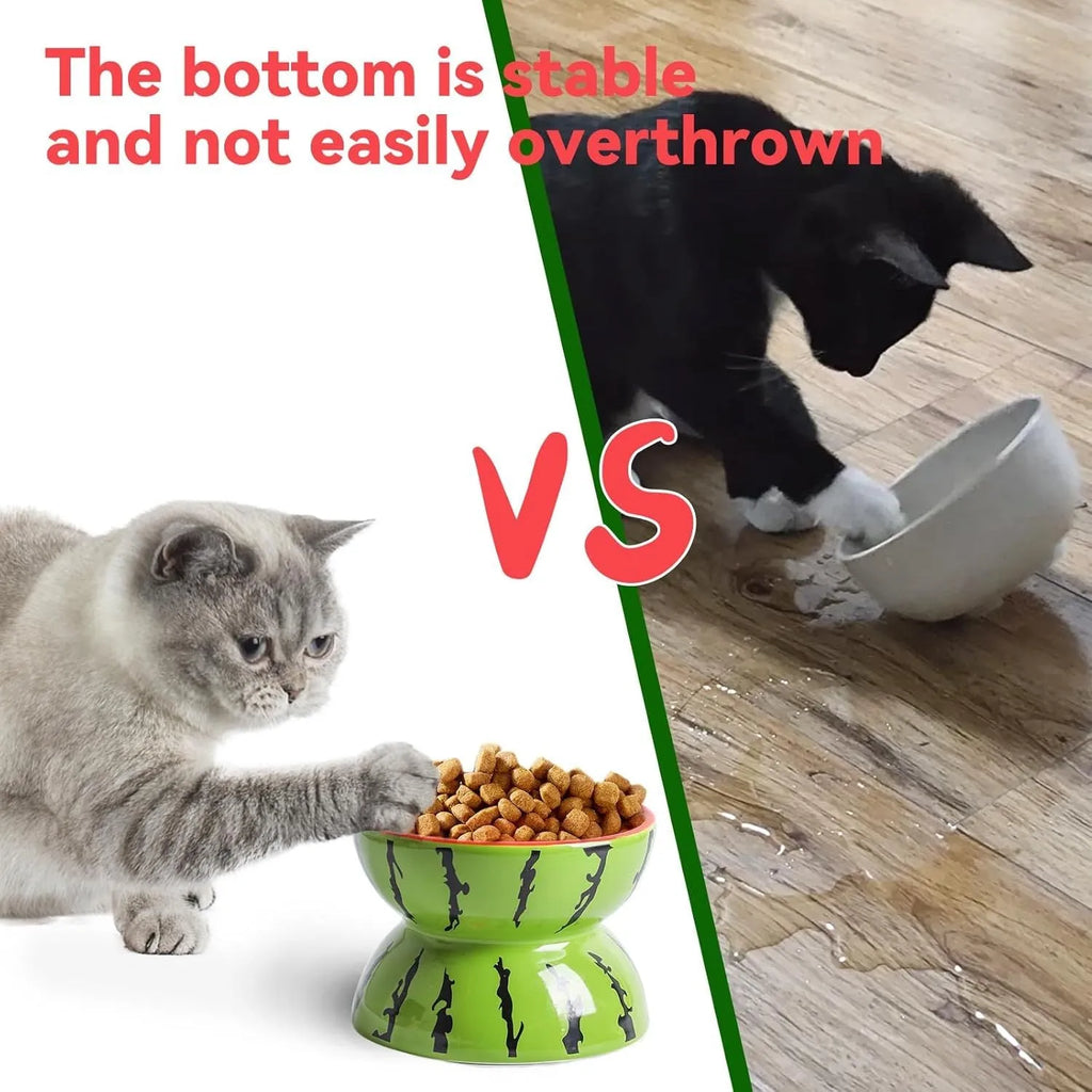 Ceramic raised cat bowl with tilted design in orange pattern, showing elevated feeding position