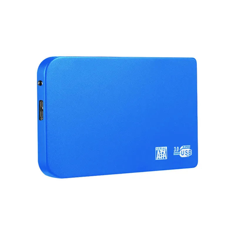 Silver metal USB 3.0 solid-state mobile hard drive with data cable on a desk.