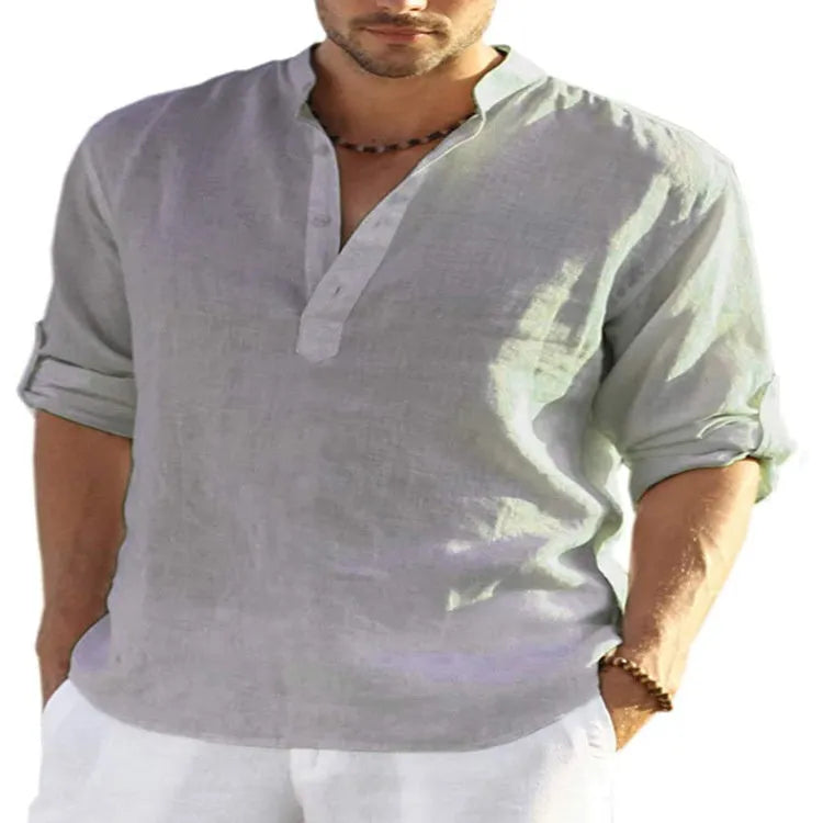 Men's light blue cotton linen stand collar long sleeve casual shirt buttoned down