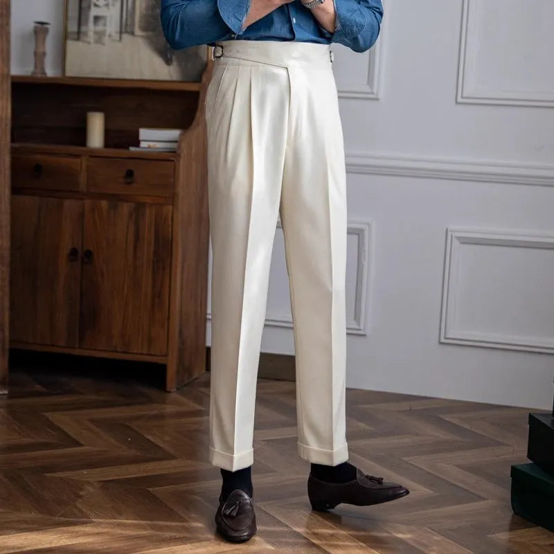 Men's high waist straight leg casual trousers in polyester available in black, white, khaki, and brown colours
