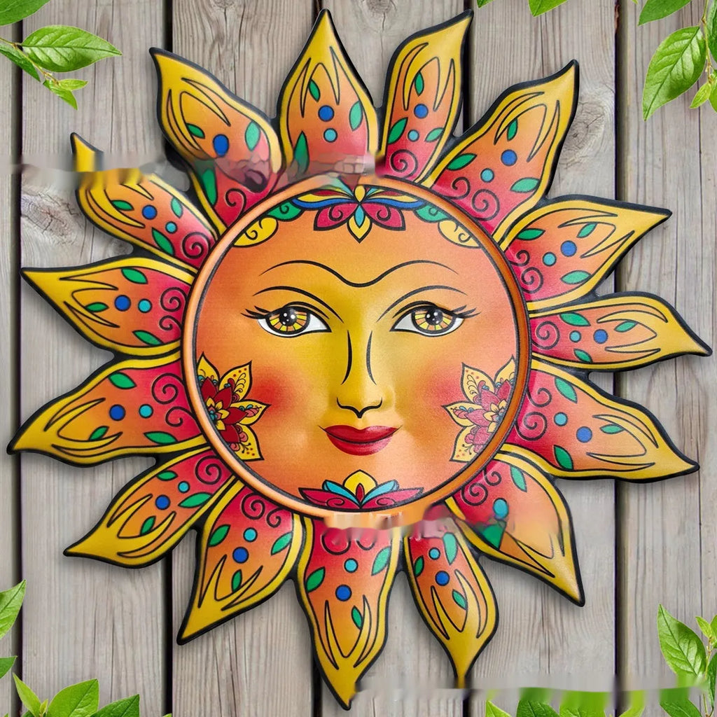 Iron sun face wall hanging ornament with ornate ray detailing