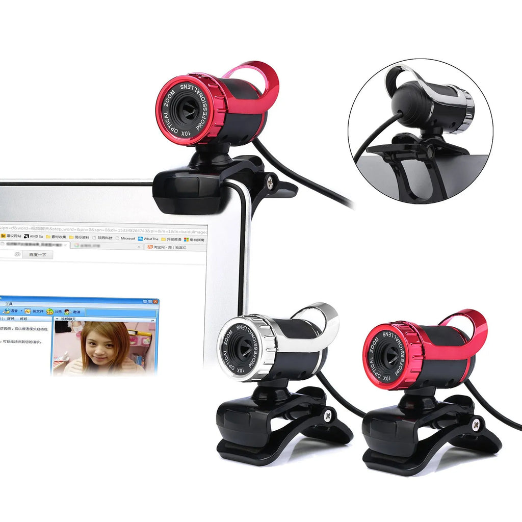 Computer video USB camera with built-in sound-absorbing microphone in black and silver, 640x480 resolution, glass lens, 140cm cable