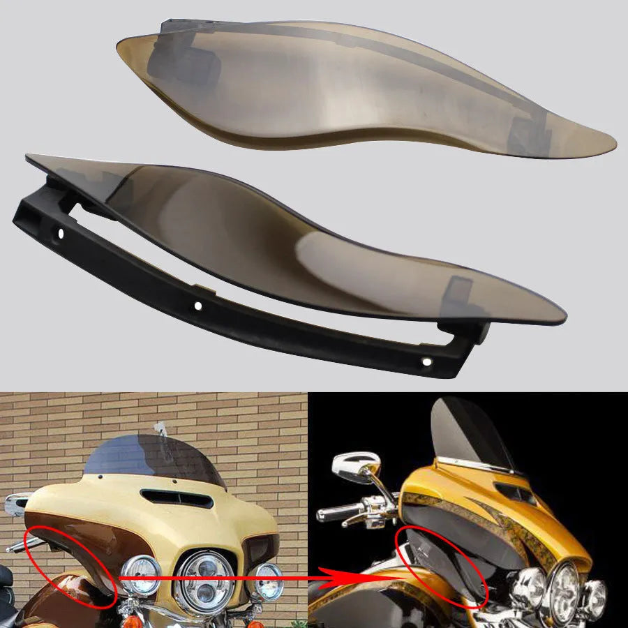 Black smoked ABS windshield side wing for a Harley Davidson three-wheel Glide motorcycle.