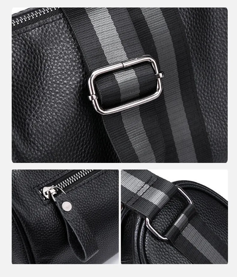 Black genuine leather crossbody bag with one-shoulder strap showing interior polyester lining