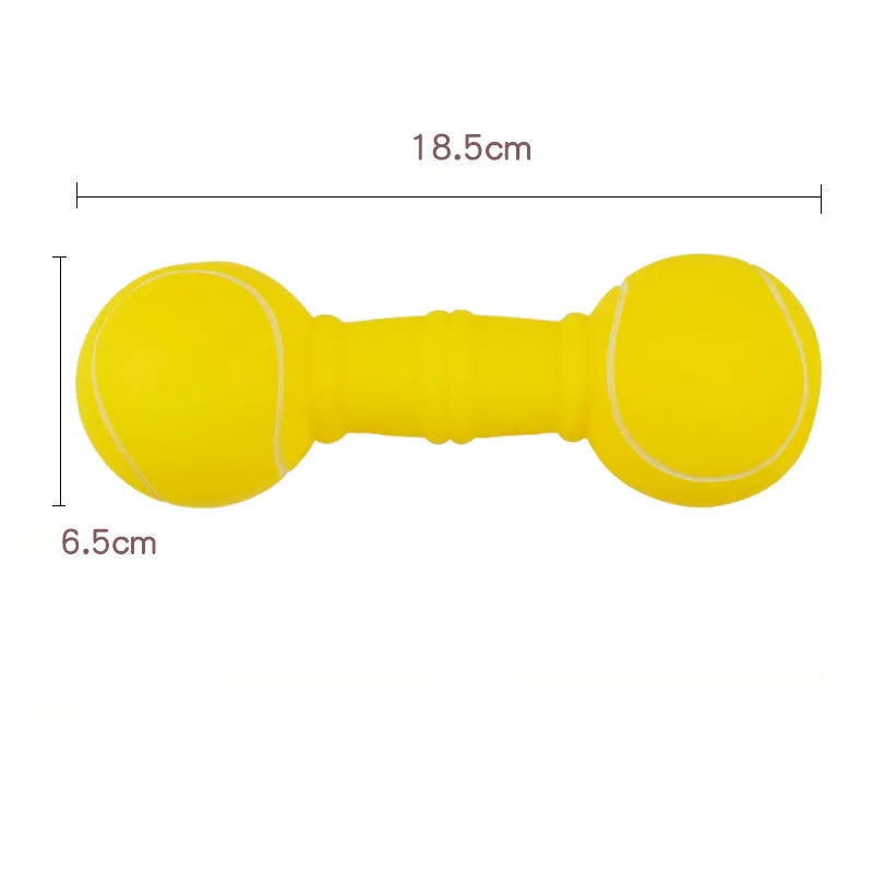 Brown, orange, white and yellow football dumbbell shaped squeaky dog chew toy.