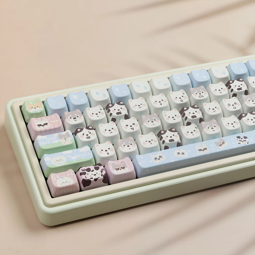 Full set of PBT sublimation keycaps with cat and puppy animal designs for mechanical keyboards