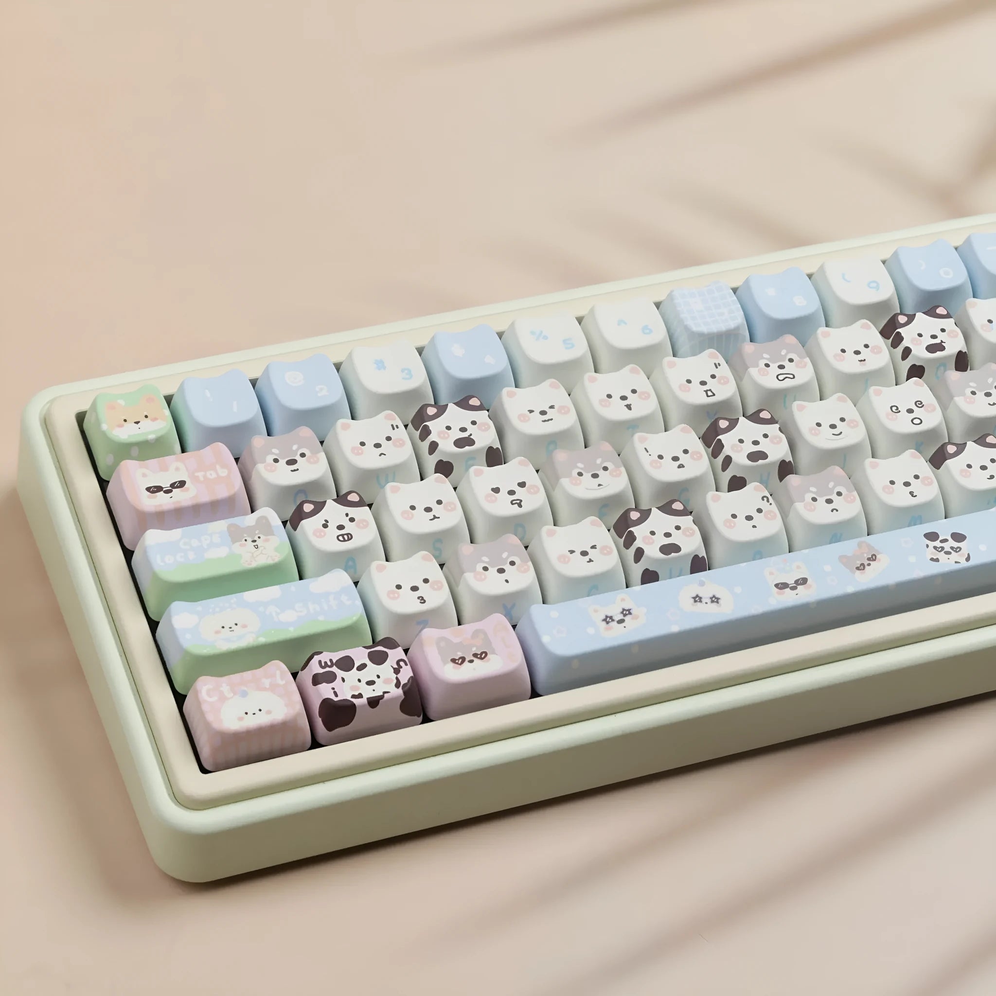 Full set of PBT sublimation keycaps with cat and puppy animal designs for mechanical keyboards